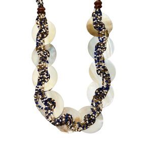 Mother of Pearl Disks Braided With Gold Blue & White Seed Bead Long Necklace